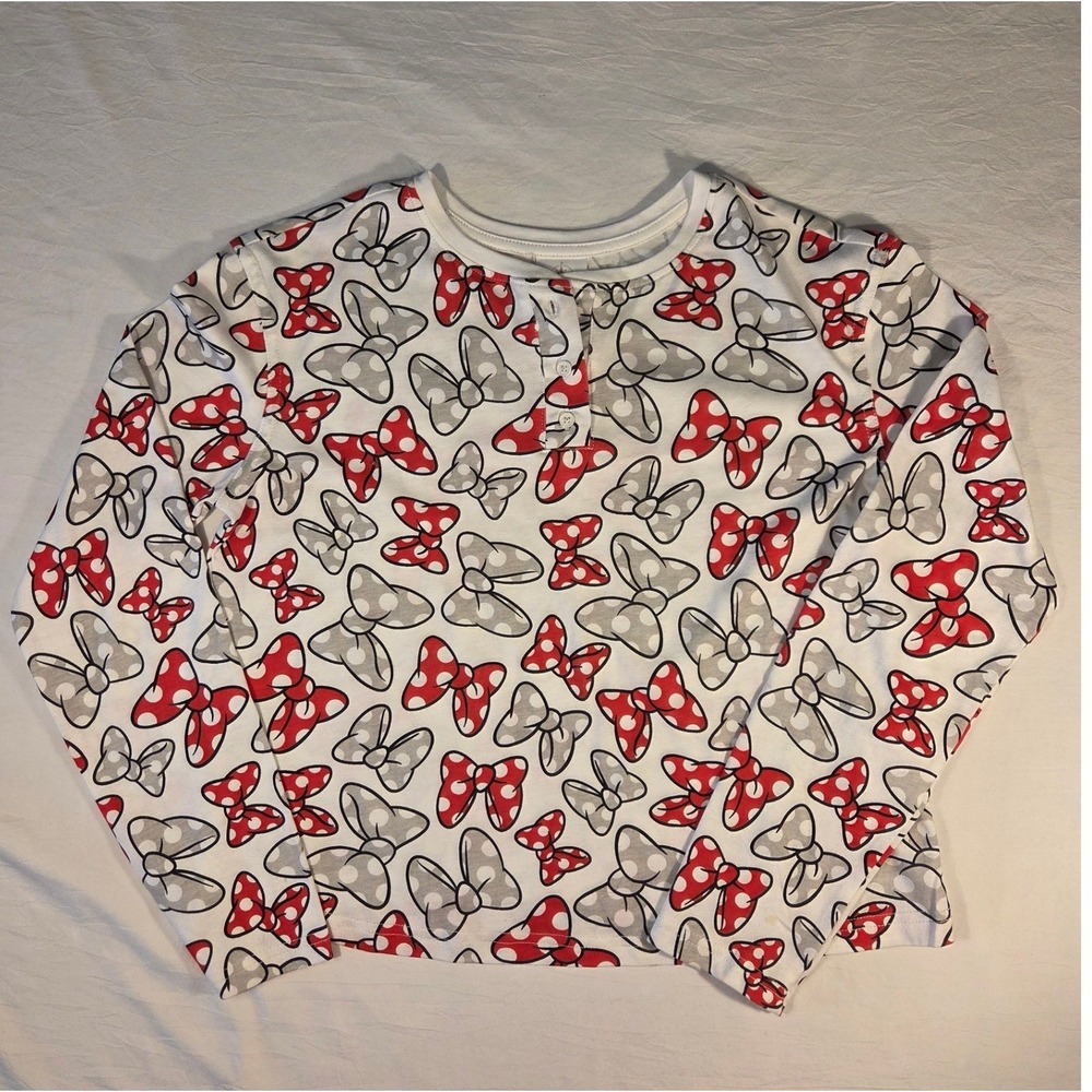 Disney Henley Top Women Small White Red Minnie Mouse Bow Print Excellent Casual